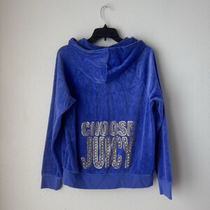 Vtg Choose Juicy Couture Track Jacket sz M Blue Hooded Rhinestone‎ Velour Y2K